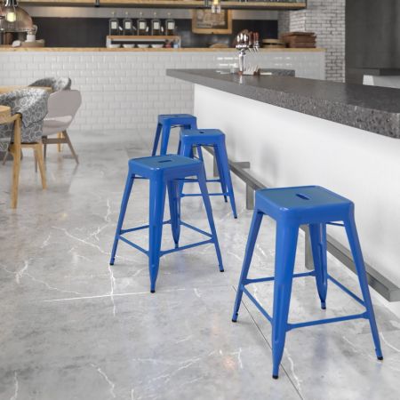 Flash Furniture CH-31320-24-BL-GG Kai Commercial Grade 24" High Backless Blue Metal Indoor-Outdoor Counter Height Stool with Square Seat - Call for bulk discounts.